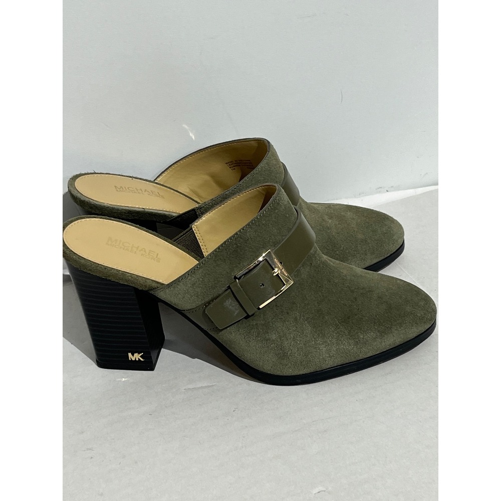 Michael Kors Olive Green Suede Leather Buckle Block Heel Mules Womens 7M